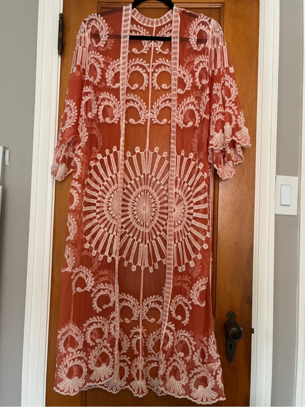Sheer Embroidered Rust Longline Dress Cover-Up